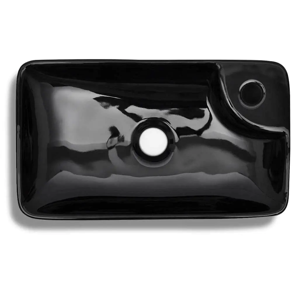 Ceramic Bathroom Sink Black High Gloss Modern Washroom Vessel with Faucet Hole