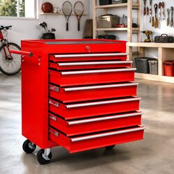 Tool Trolley with 7 Sliding Drawers Lockable Workshop Storage Organizer Red