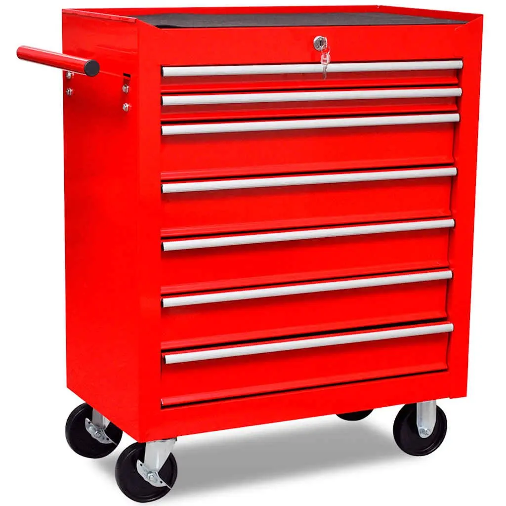 Tool Trolley with 7 Sliding Drawers Lockable Workshop Storage Organizer Red