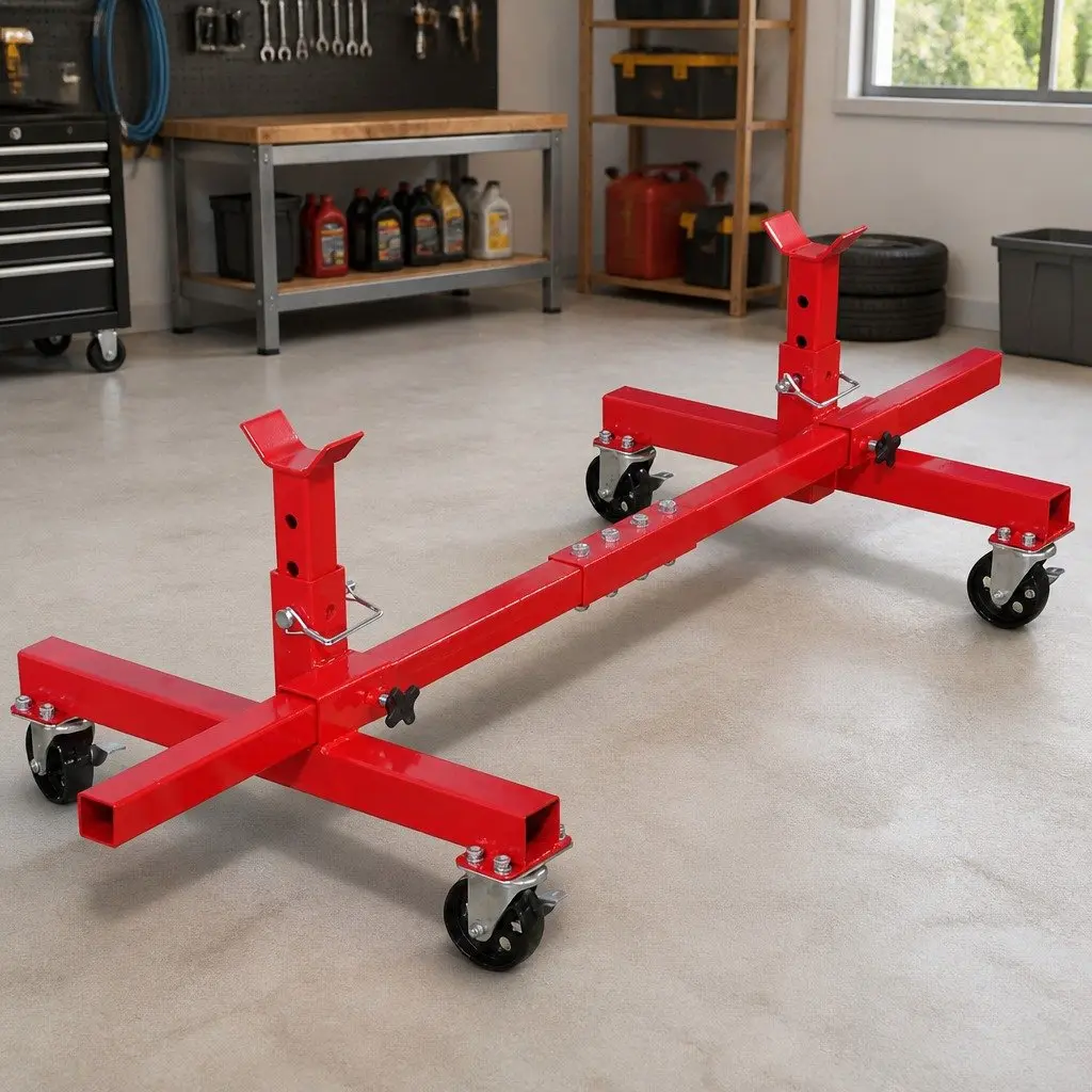 Mobile Axle Stand Red Adjustable Height Heavy Duty Vehicle Support Swivel