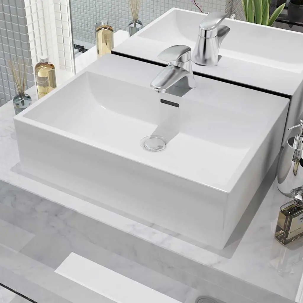 Ceramic Bathroom Sink White 51.5x38.5x15cm Glazed Surface with Overflow and Pre-drilled Faucet Hole
