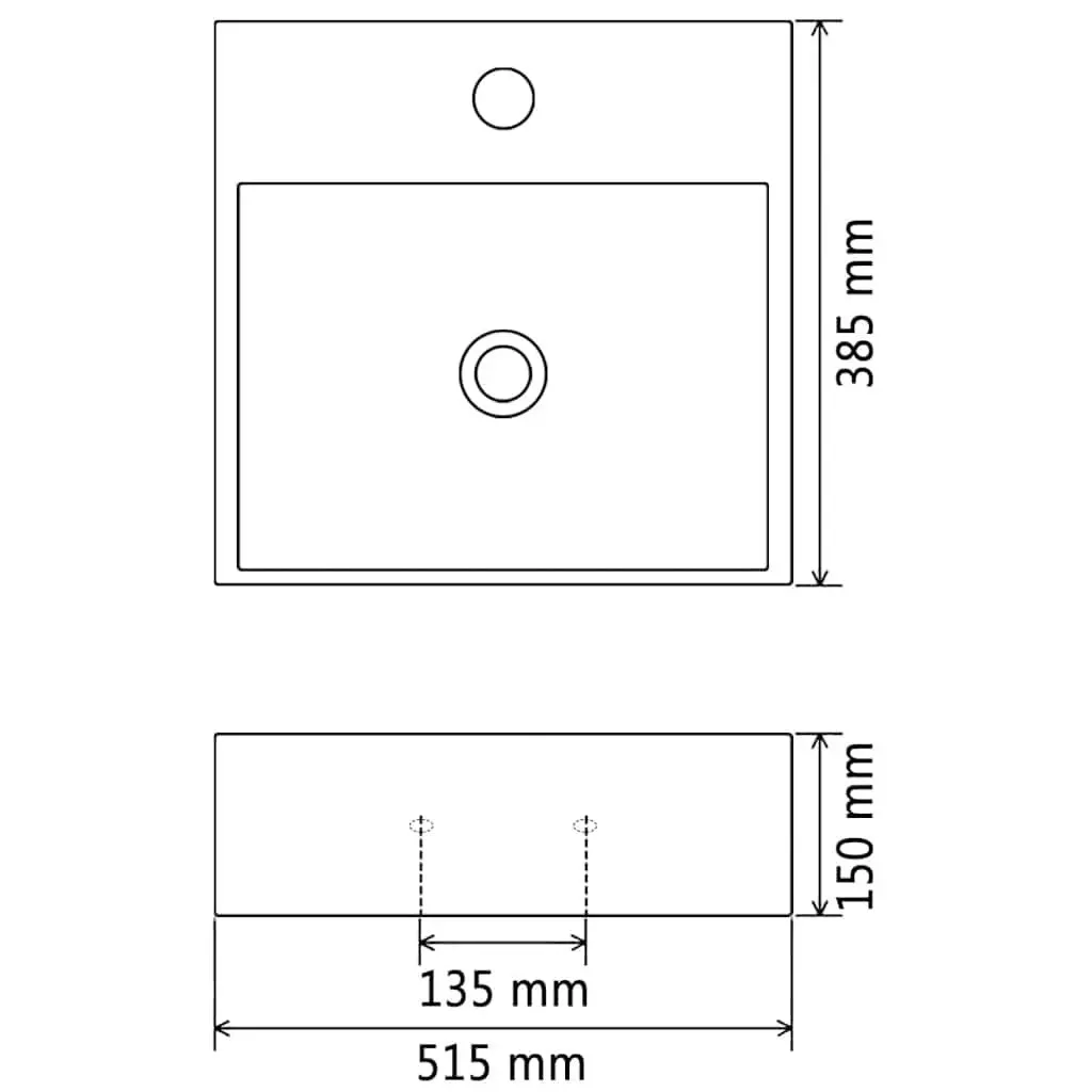 Ceramic Bathroom Sink White 51.5x38.5x15cm Glazed Surface with Overflow and Pre-drilled Faucet Hole