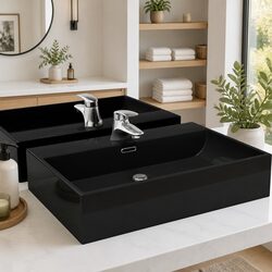Ceramic Basin Bathroom Sink Black Wall Mount Washbasin Faucet Hole 60.5x42.5cm