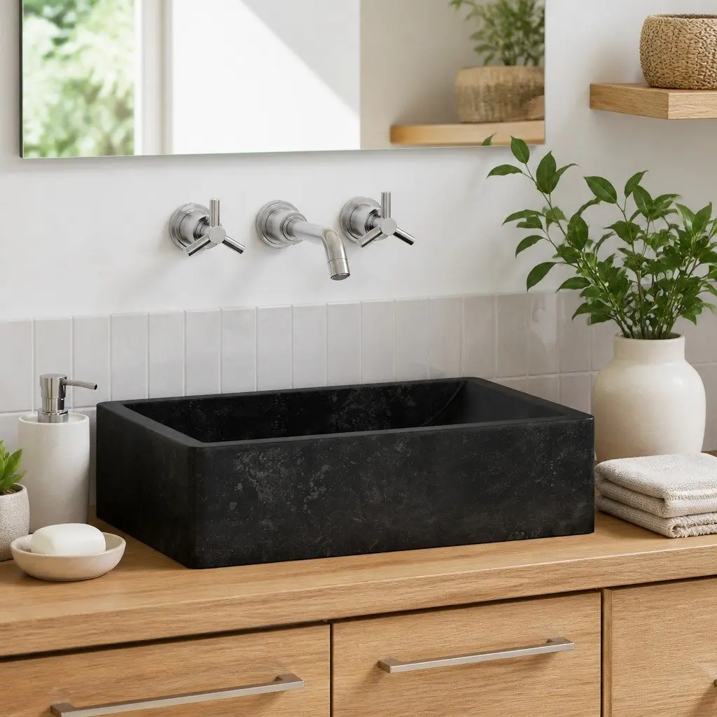Bathroom Basin Sink 45x30x12 cm Marble River Stone Handmade Black High Gloss