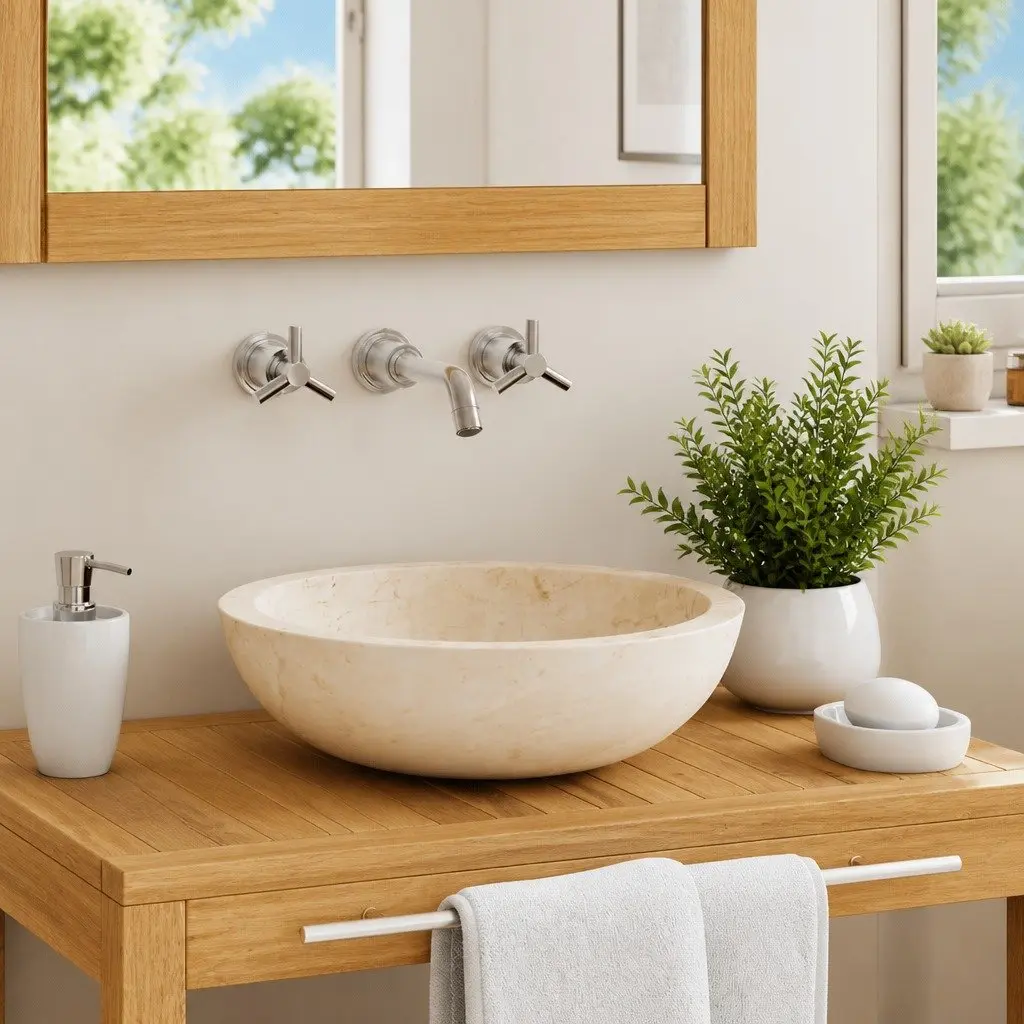 Bathroom Basin Sink Cream 40x12 cm Rectangular Handmade River Stone