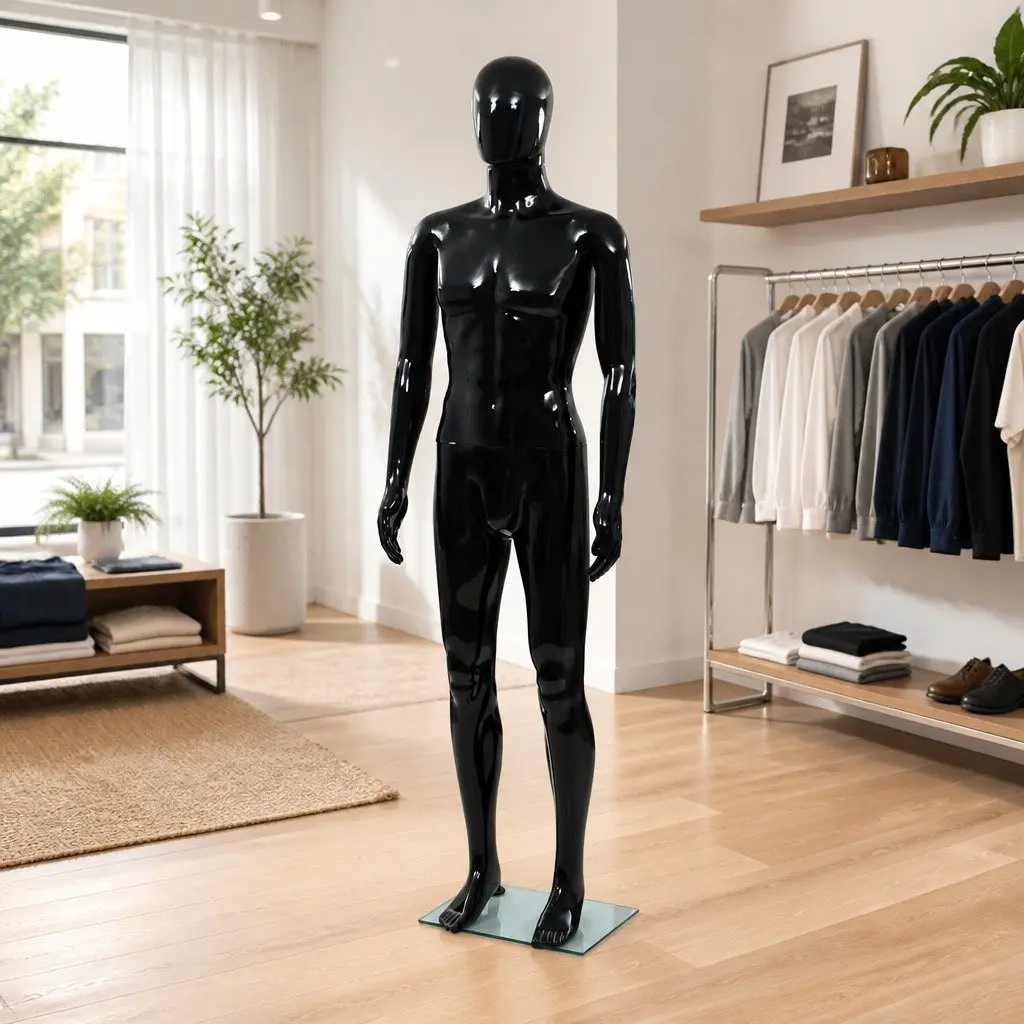 Full Body Male Mannequin Glossy Black 185cm Rotating Head and Arms with Glass Base
