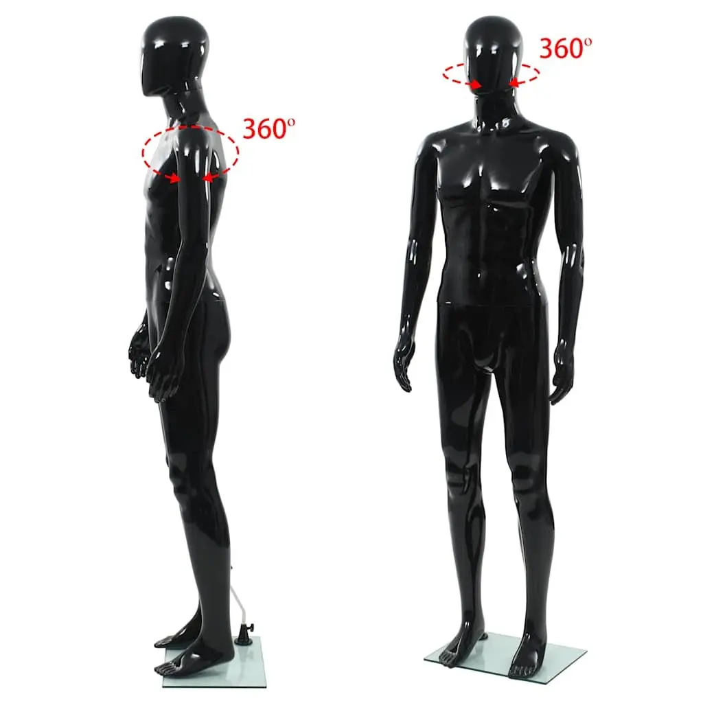 Full Body Male Mannequin Glossy Black 185cm Rotating Head and Arms with Glass Base