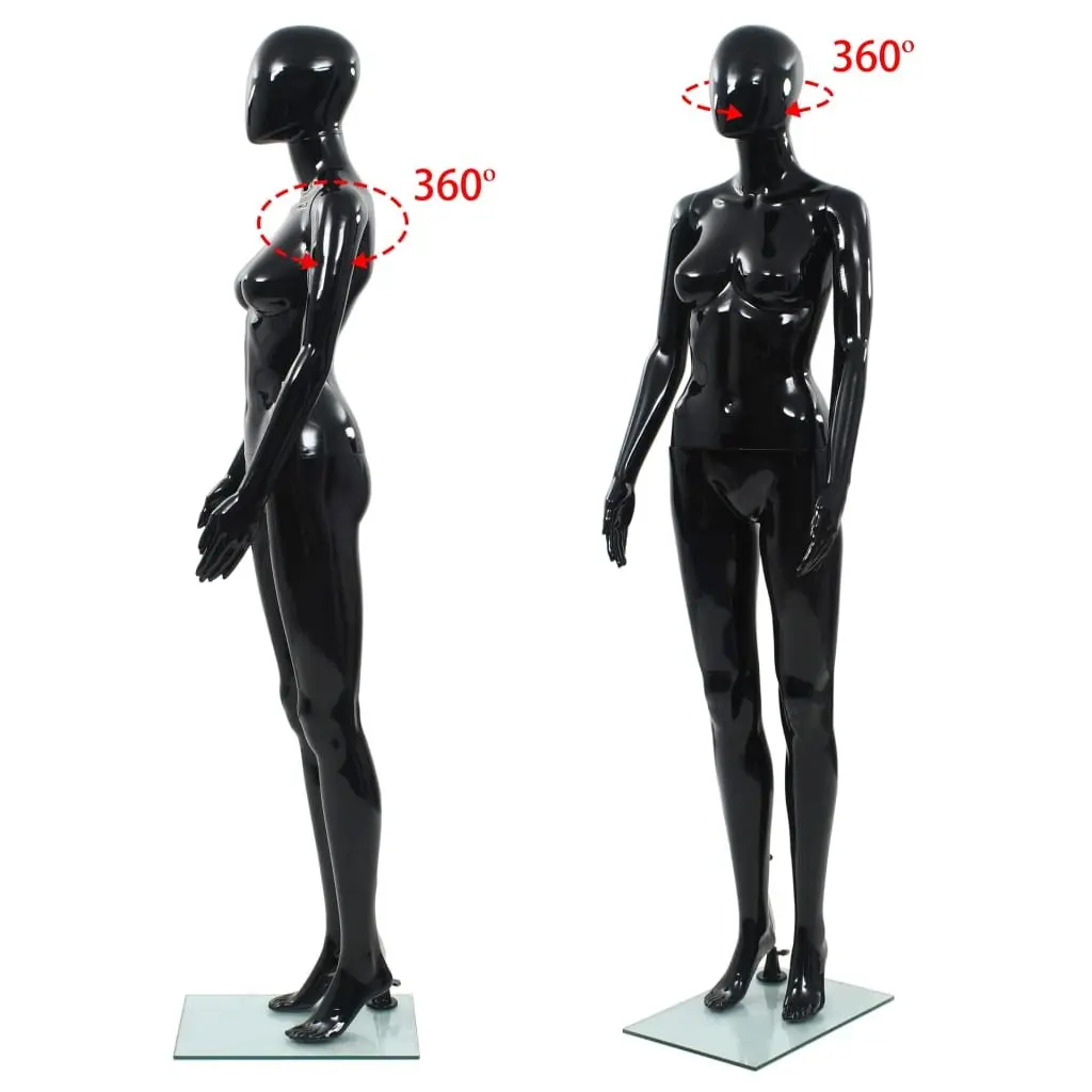 Full Body Female Mannequin Glossy Black 175cm 5-Part Construction with Glass Base and Aluminium Stand