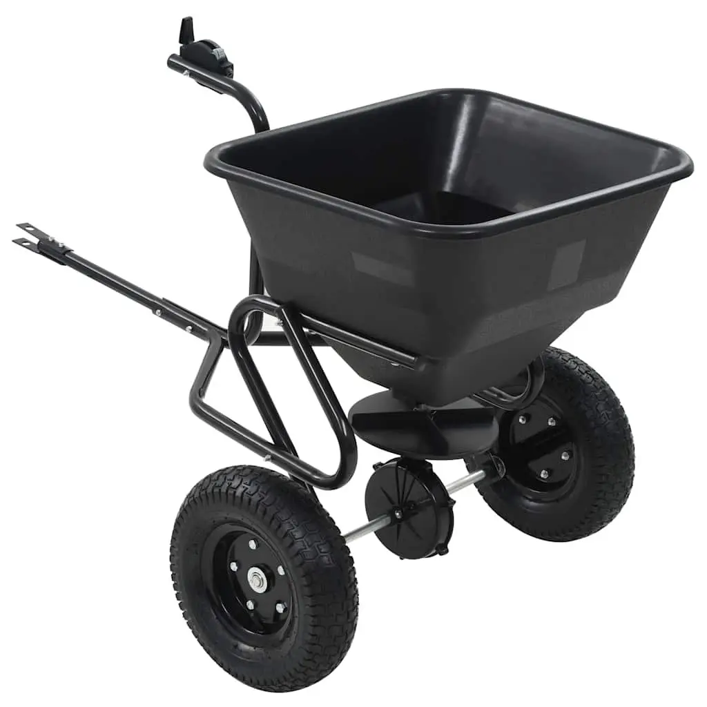 Tow Behind Spreader Black 45L Cable Operated Controller Large Wheels Easy Maneuvering