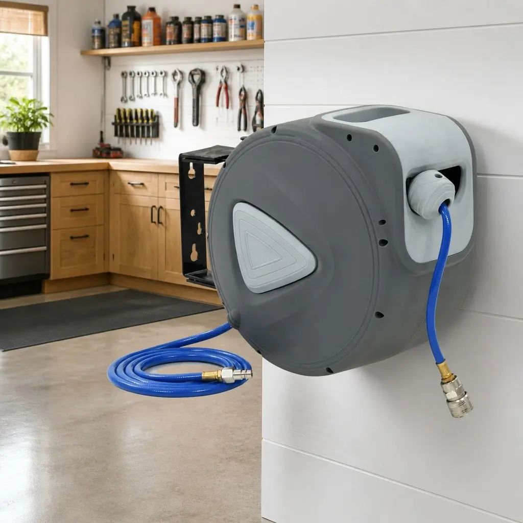 Automatic Retractable Air Hose Reel Grey 1/4 Inch 20m with Quick Connector and Latching Mechanism