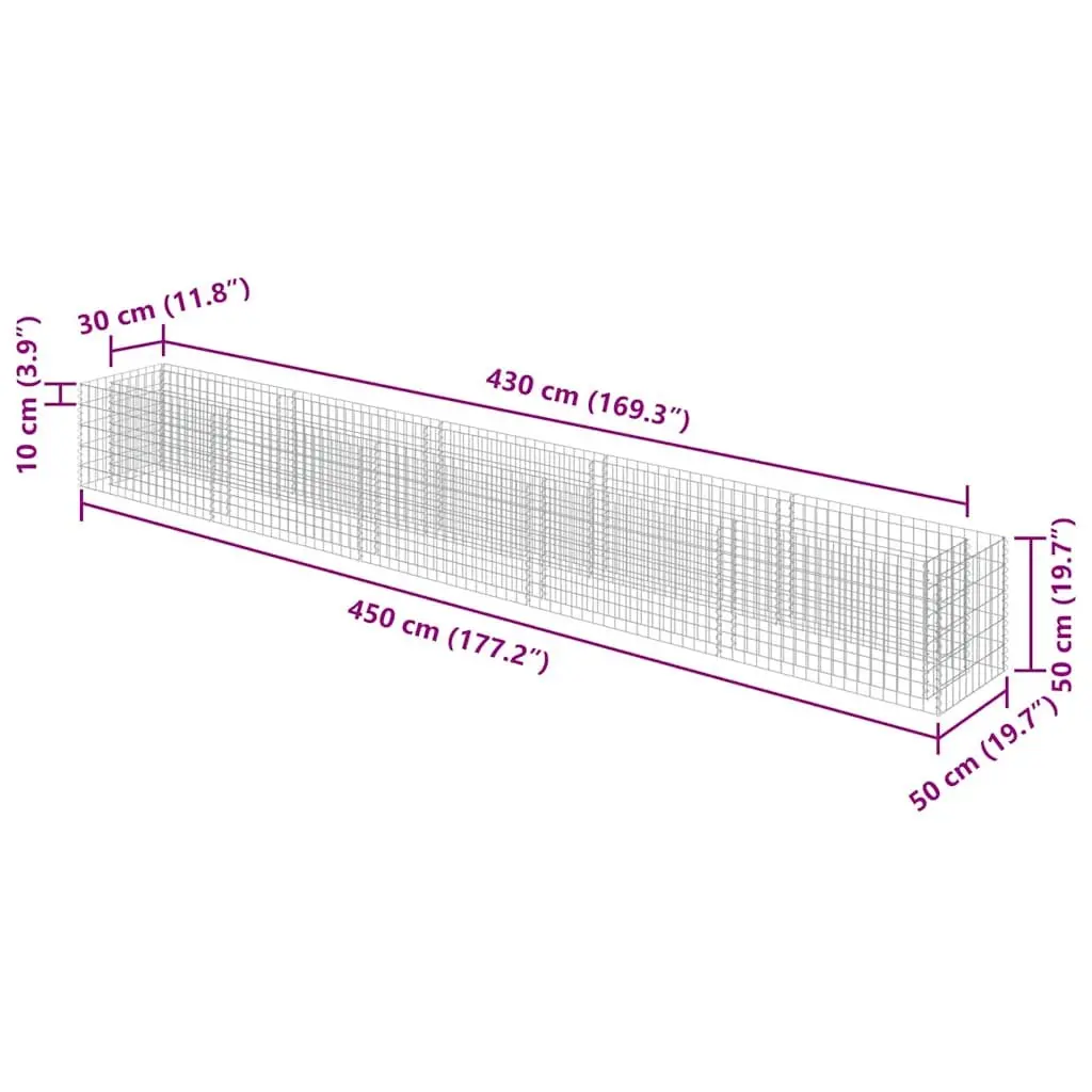 Gabion Raised Bed Silver 450x50x50 cm Galvanised Steel Weather Resistant Garden Planter