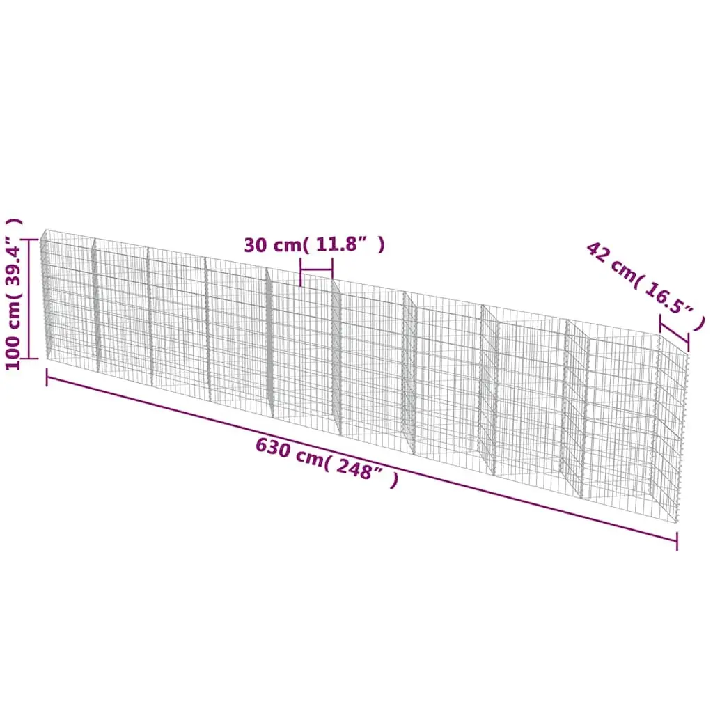 Gabion Wall Panel Silver Galvanised Steel 630 x 30 x 100 cm Dual Purpose Retaining Wall and Raised Garden Bed Planter