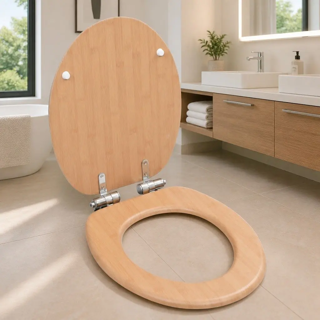 Toilet Seat Brown MDF Soft Close Lid Durable Construction Adjustable Hinges