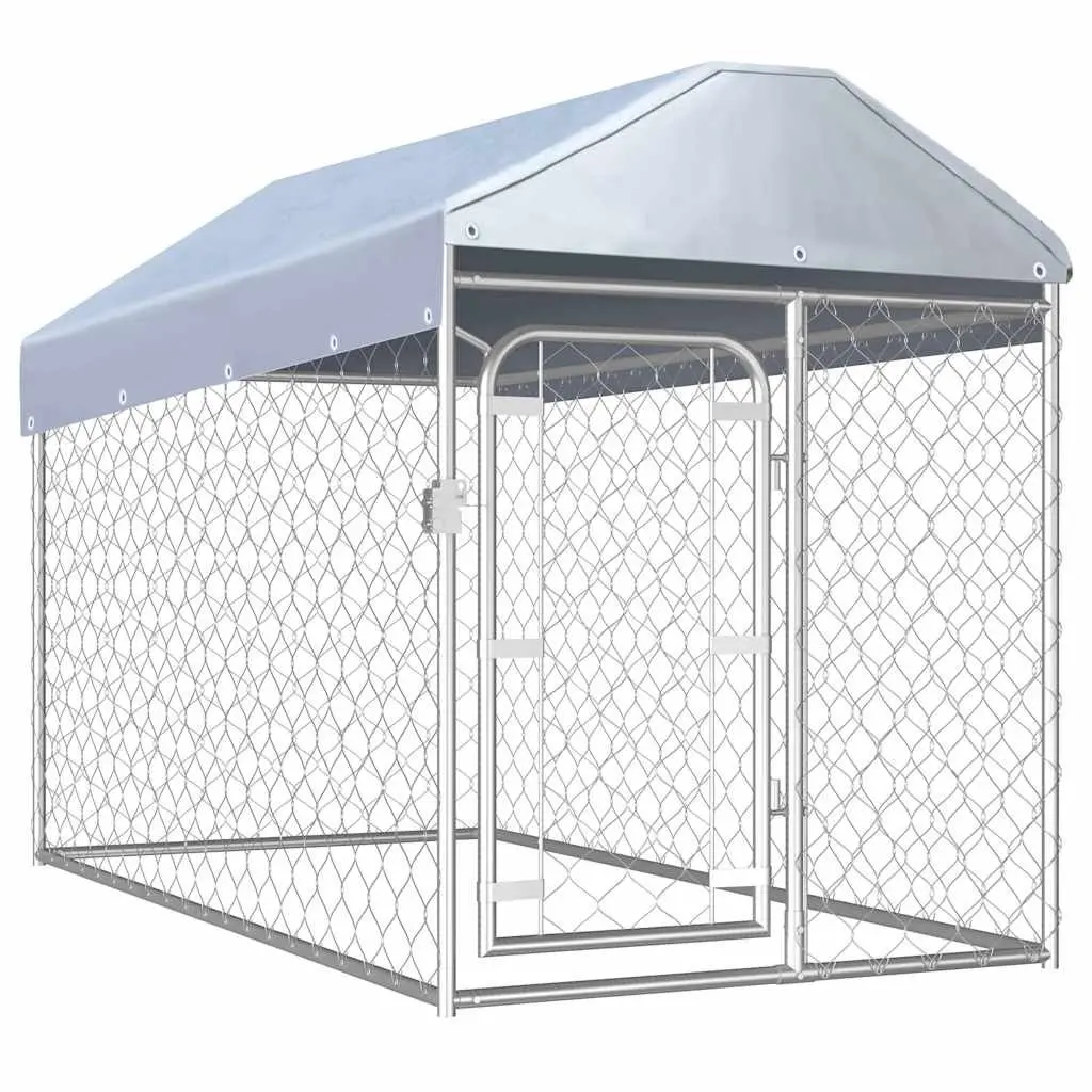 Outdoor Dog Kennel Silver Large Roofed Exercise Run Pen Enclosure