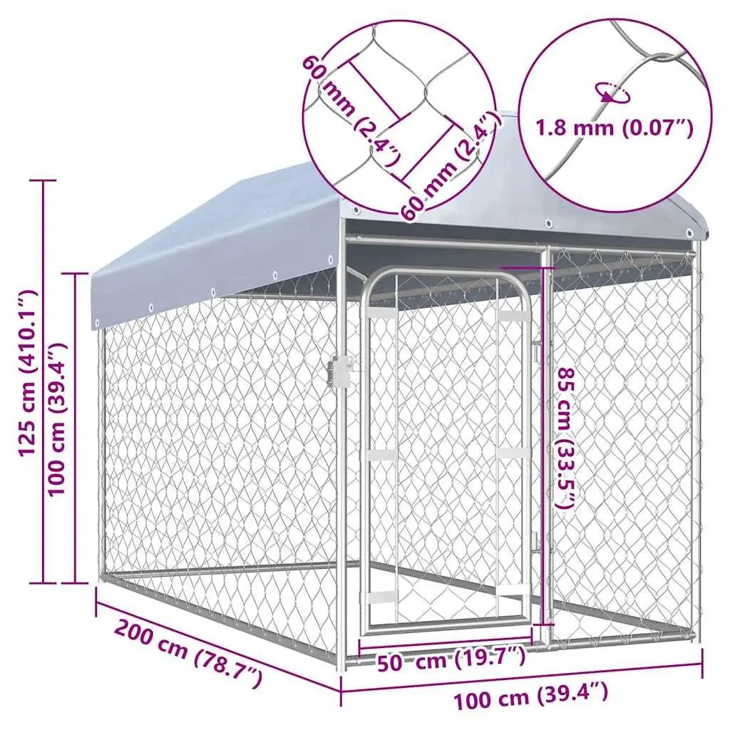 Outdoor Dog Kennel Silver Large Roofed Exercise Run Pen Enclosure