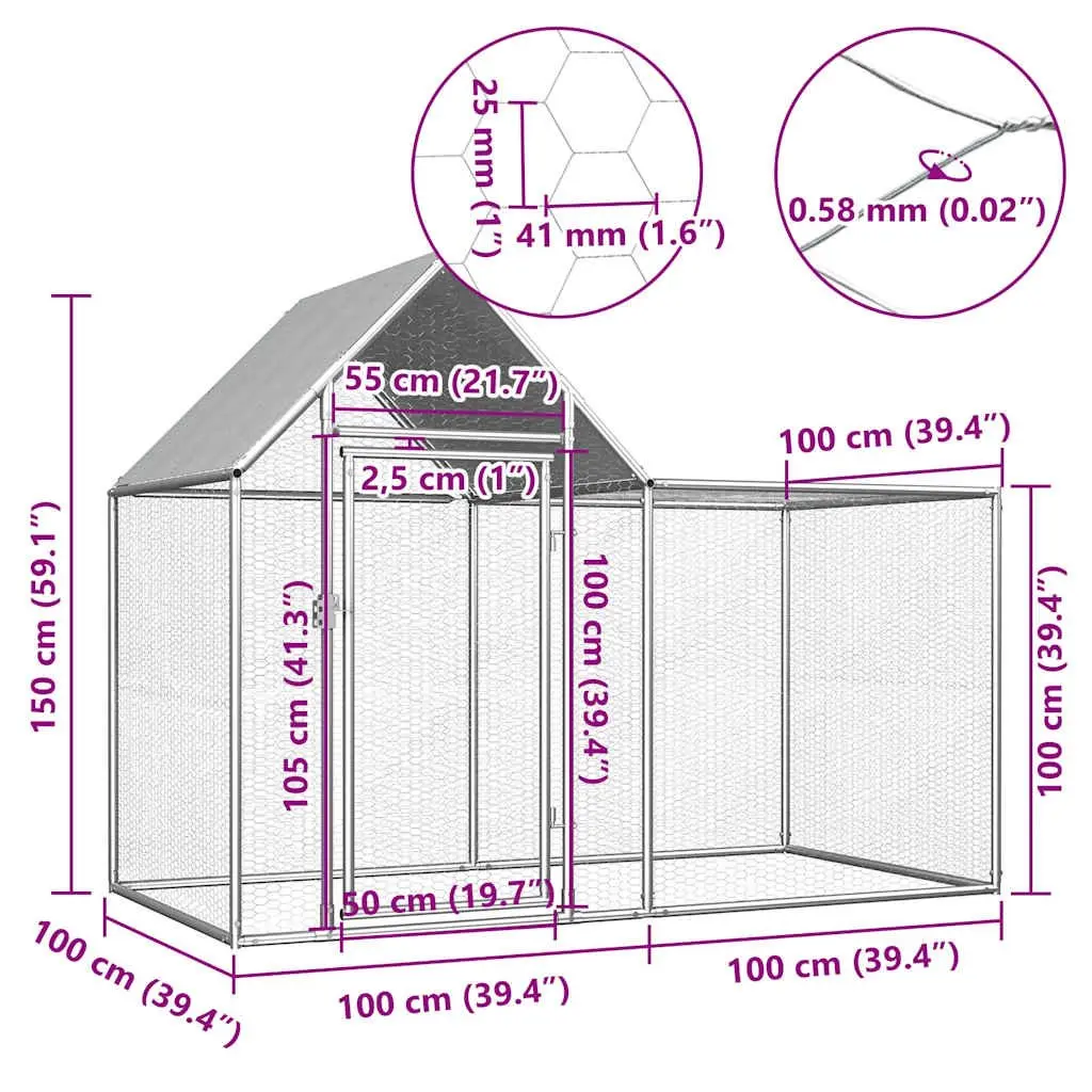 Chicken Coop Silver 2x1x1.5 m Galvanised Steel Water-resistant Roof
