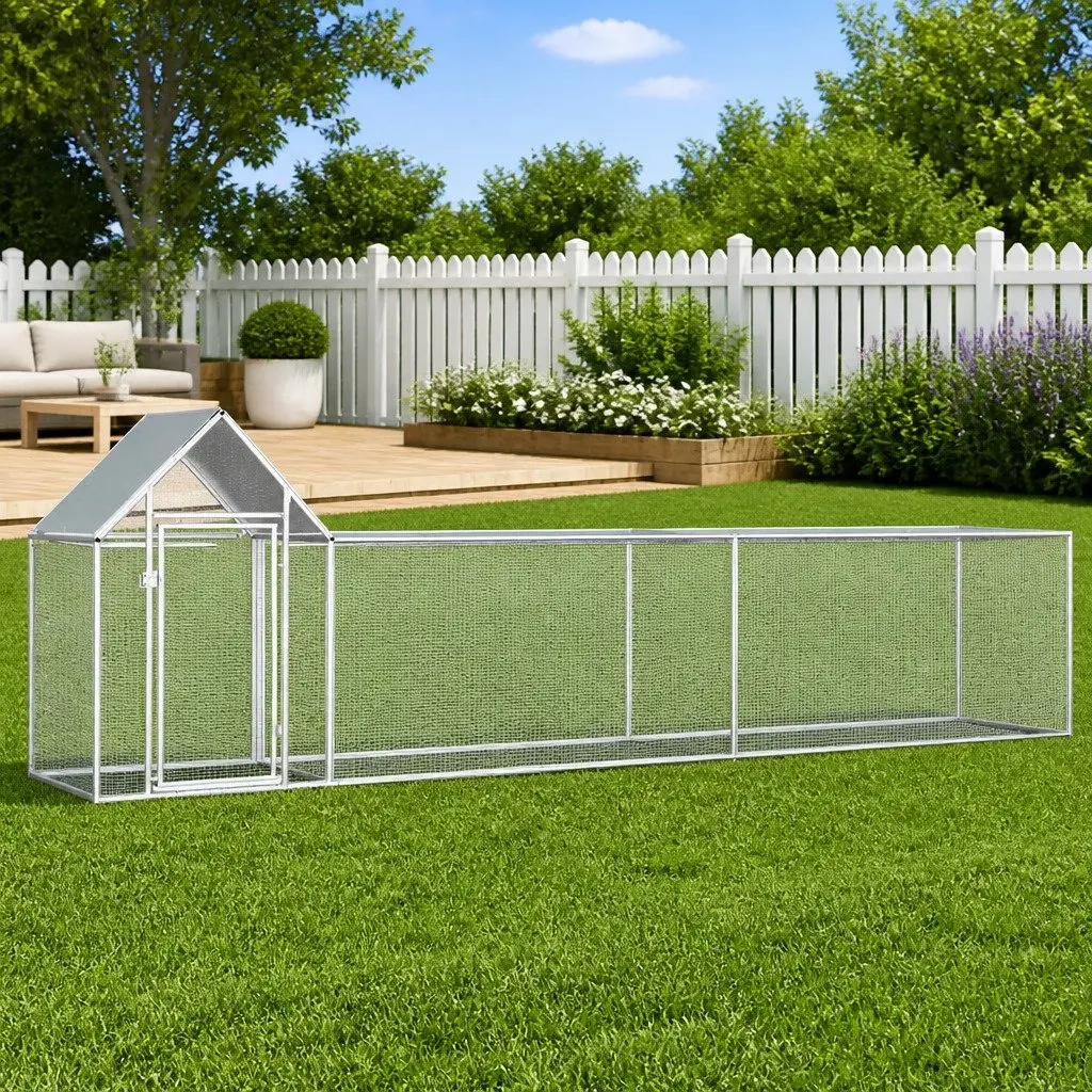Chicken Coop Silver 5x1x1.5m Galvanised Steel Poultry Run with Water-resistant Roof and Lockable Door