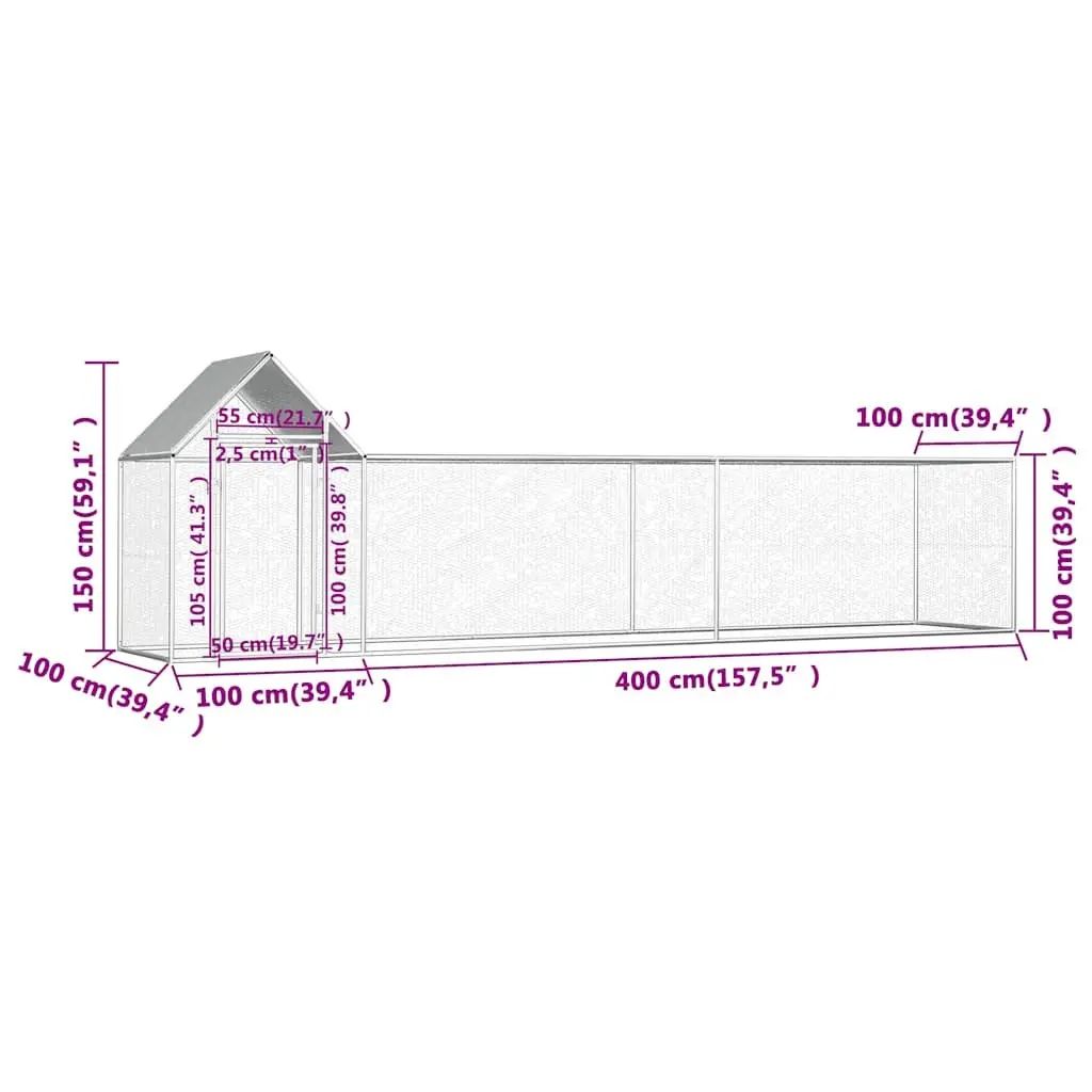 Chicken Coop Silver 5x1x1.5m Galvanised Steel Poultry Run with Water-resistant Roof and Lockable Door