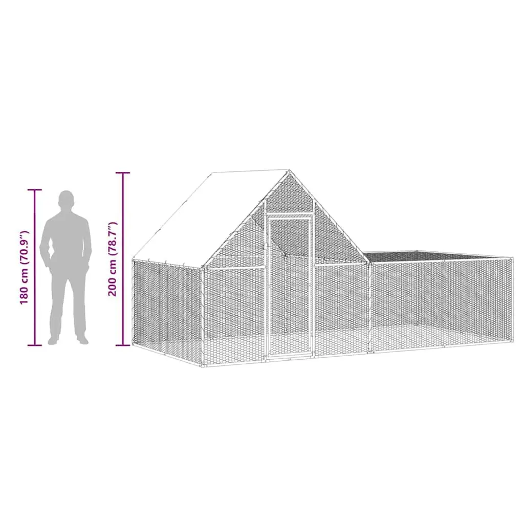 Chicken Coop Silver 4x2x2 m Galvanised Steel Water-resistant Roof Lockable Door Wire Grid