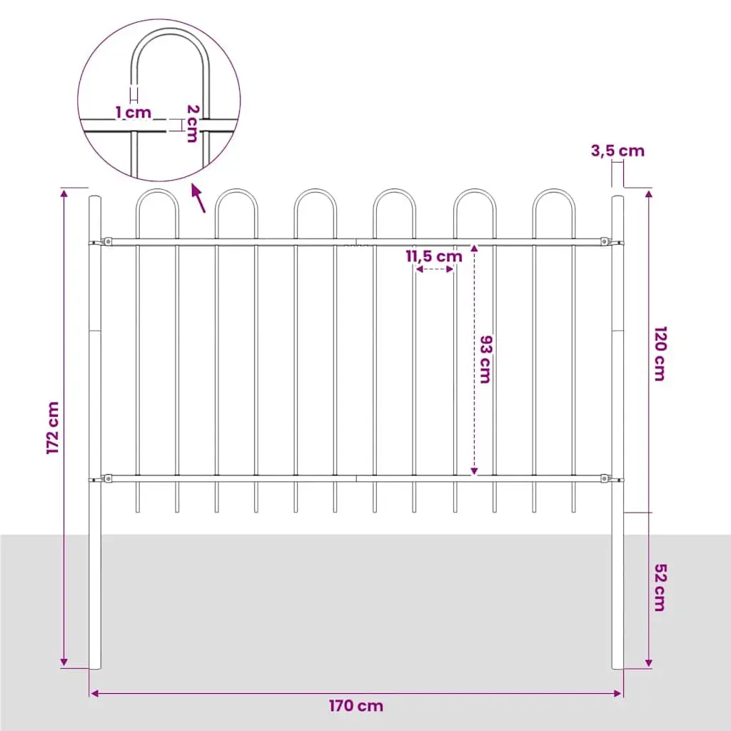 Garden Fence Panel Black 181x120cm Steel Hoop Top Decorative Outdoor Barrier