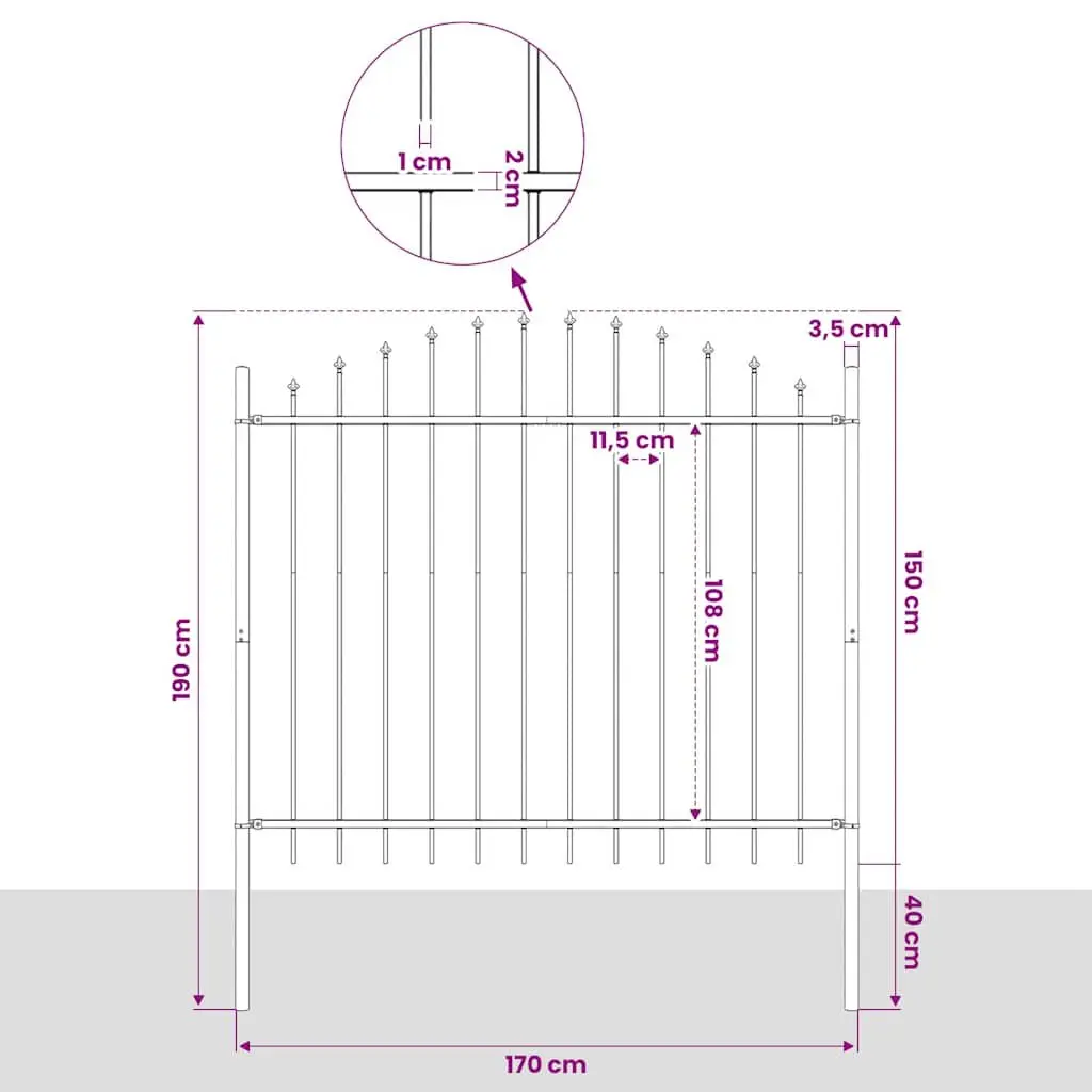 Garden Fence Panel Black 170x150 cm Steel Construction Spear Top Outdoor Security Barrier