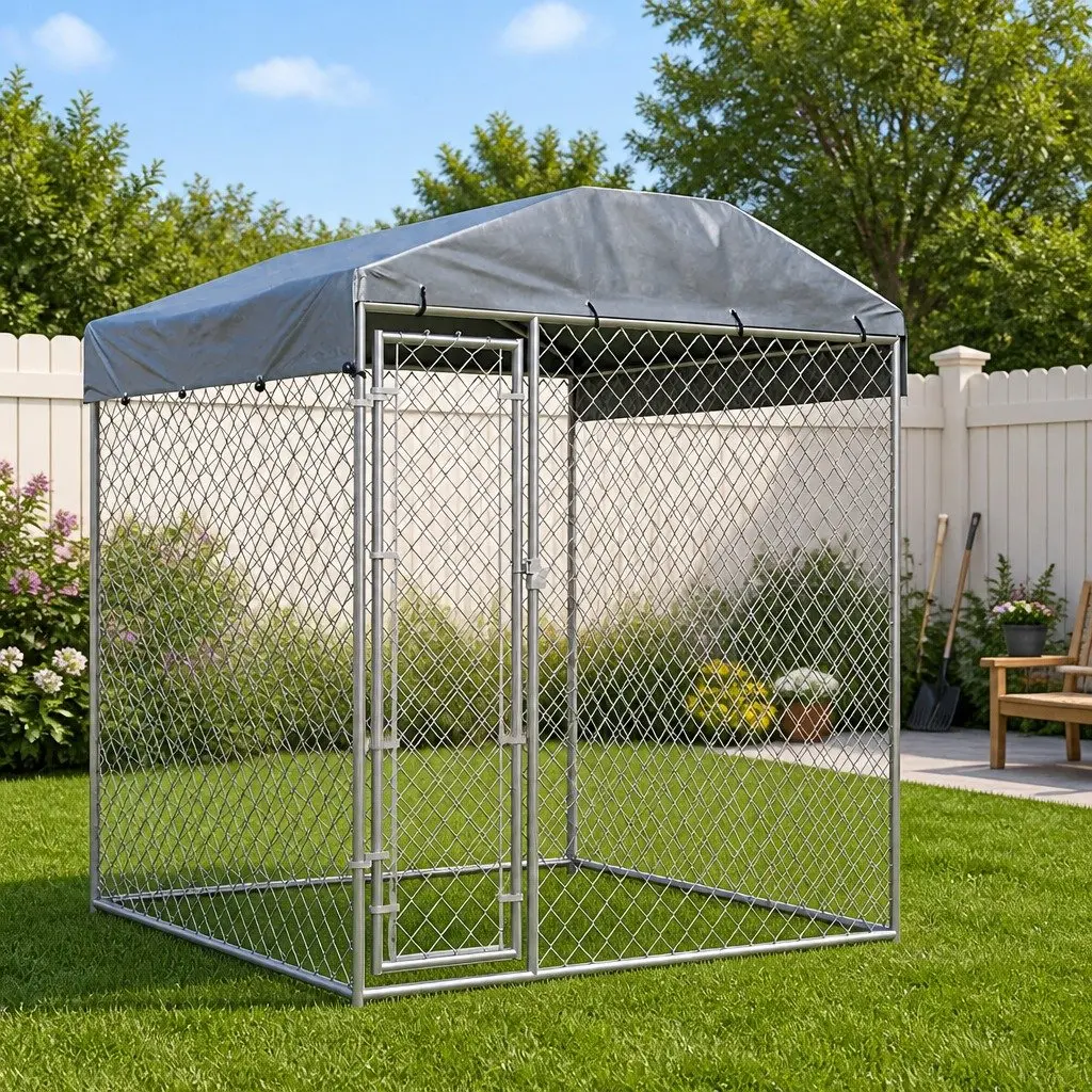 Dog Kennel Silver 193x193x225cm Canopy Top Outdoor Pet Run Exercise Playpen