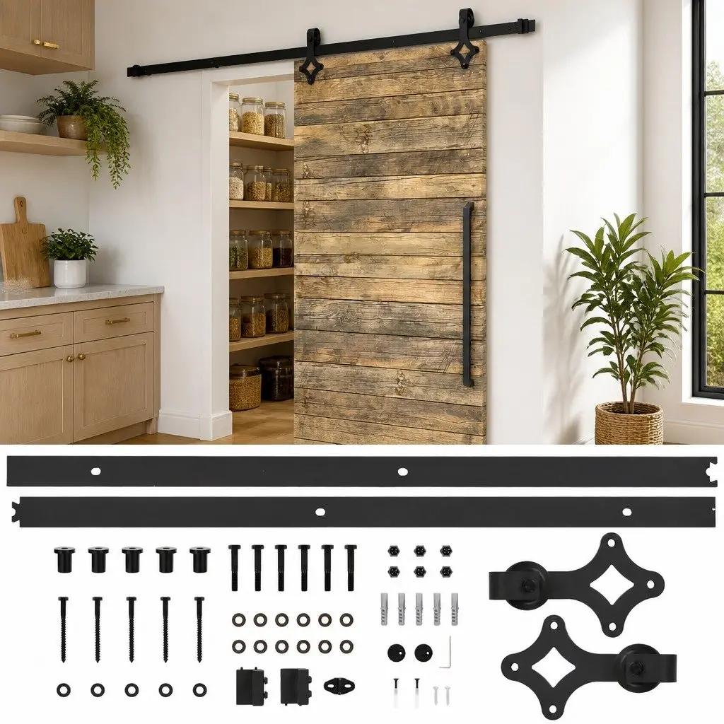 Sliding Door Hardware Kit Black 200cm Track Rail System with Rollers Guides