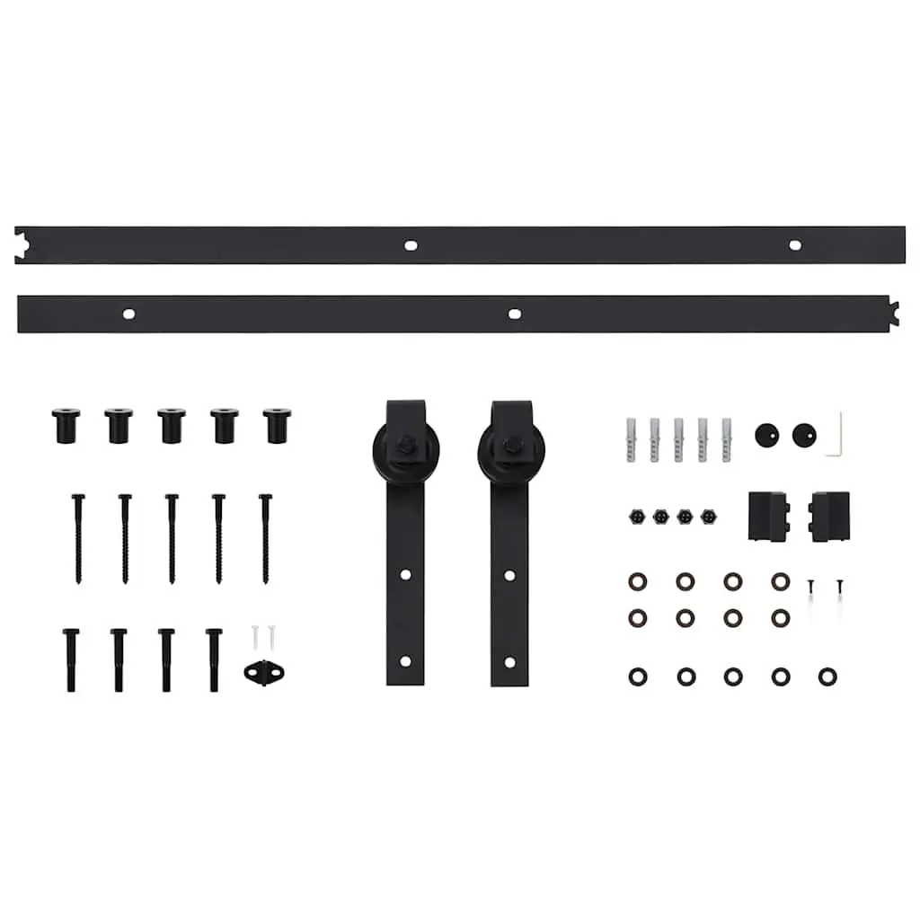 Sliding Door Hardware Kit Black Steel 183cm Track Rail Roller System Smooth Operation