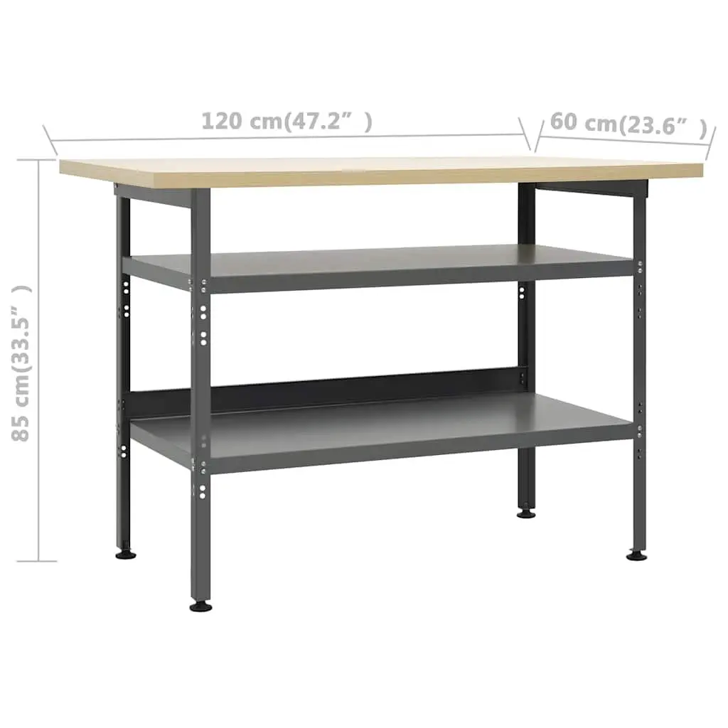 Heavy-Duty Workbench Grey 120x60x85cm Steel Large Tabletop Storage Shelves