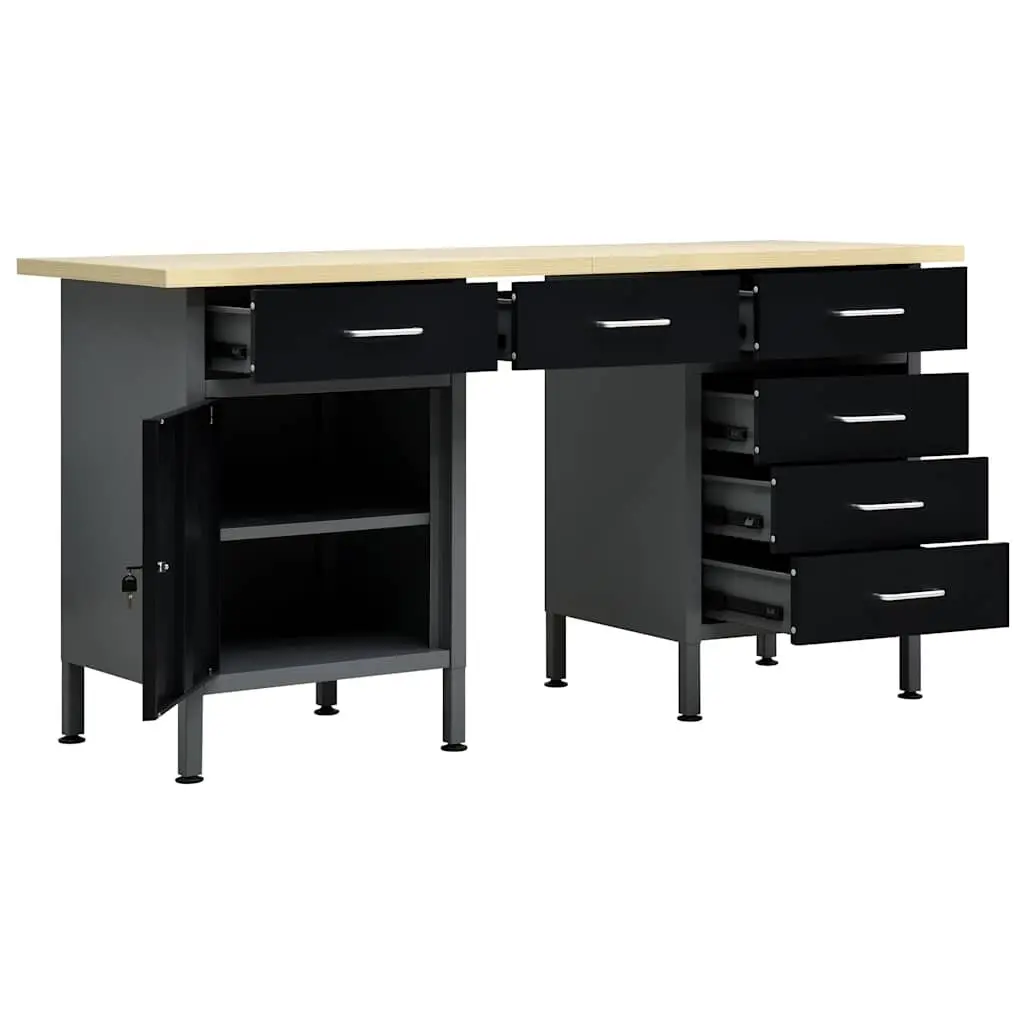 Heavy Duty Workbench Black 160x60x85cm 6 Drawers Lockable Cabinet