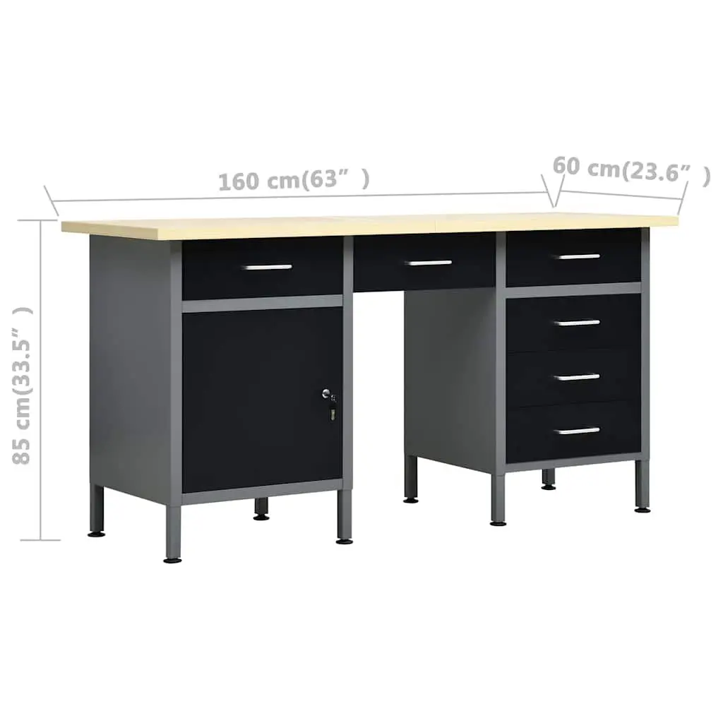 Heavy Duty Workbench Black 160x60x85cm 6 Drawers Lockable Cabinet