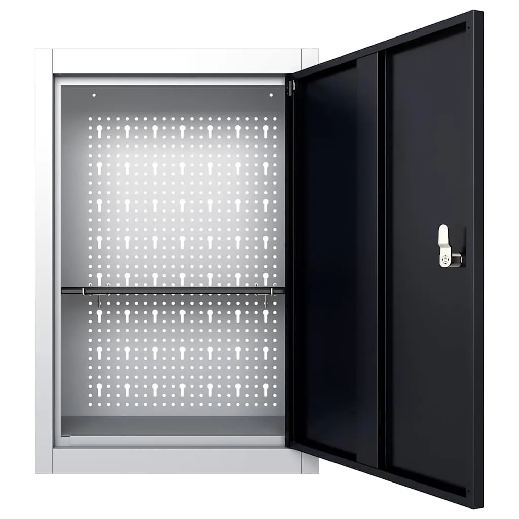 Wall Mounted Tool Cabinet Grey Metal Lockable Storage with Adjustable Shelf and Perforated Hanging Plate