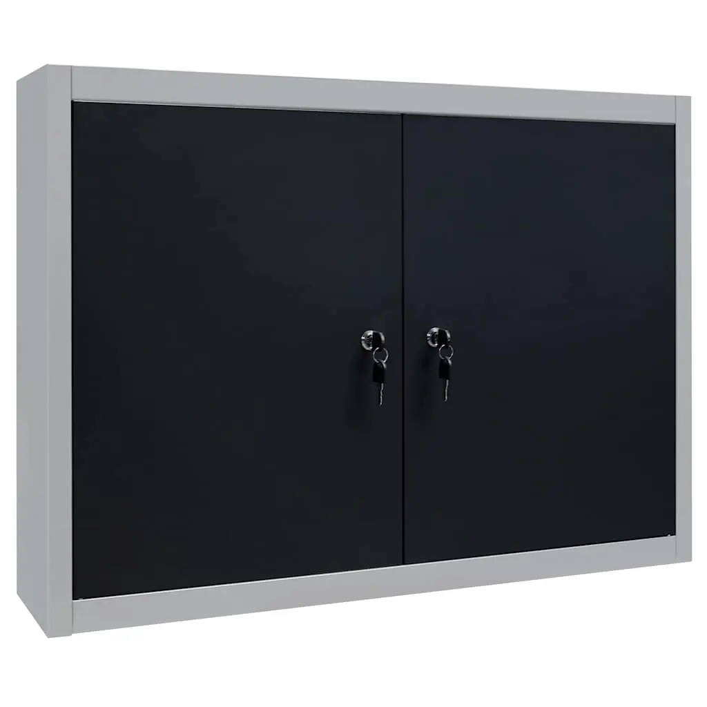 Wall Mounted Tool Cabinet Grey Black Metal Lockable Doors Height Adjustable Shelves Perforated Plate