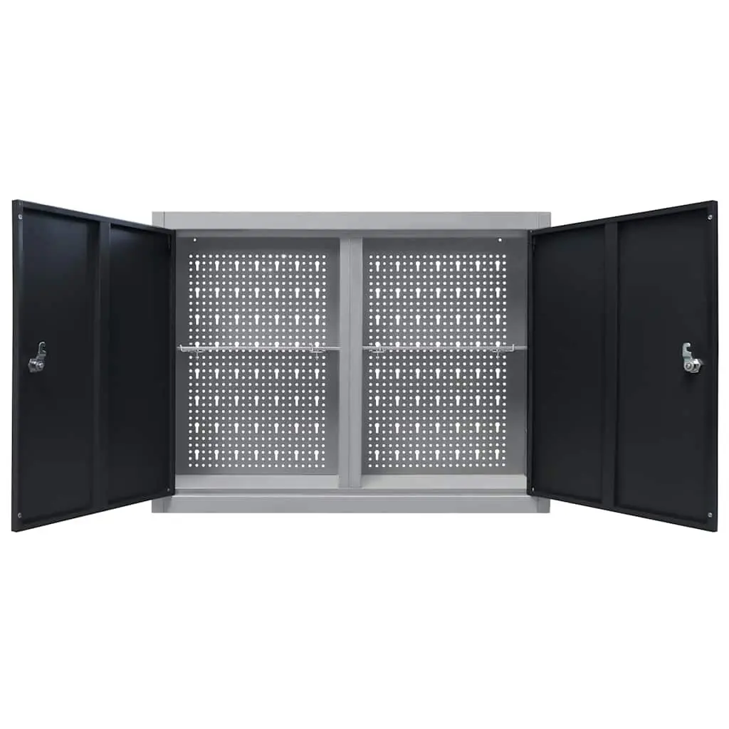Wall Mounted Tool Cabinet Grey Black Metal Lockable Doors Height Adjustable Shelves Perforated Plate