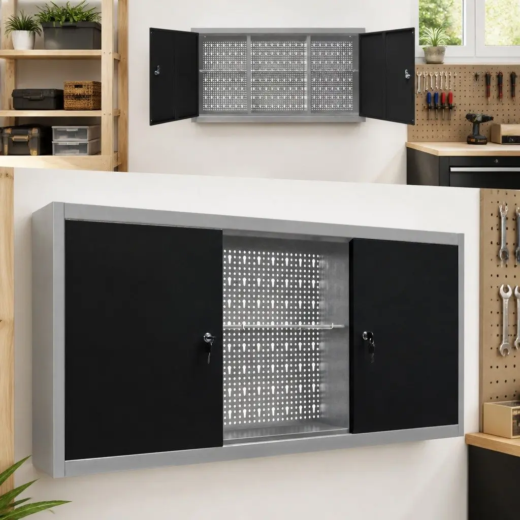 Wall Mounted Tool Cabinet Grey Metal with Lockable Doors and Adjustable Shelves