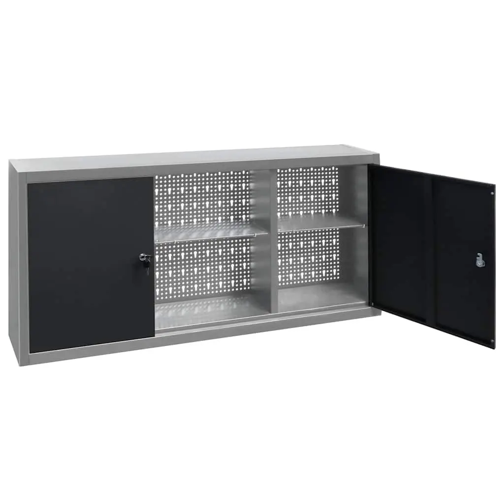 Wall Mounted Tool Cabinet Grey Metal with Lockable Doors and Adjustable Shelves