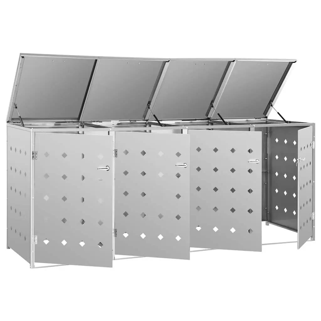 Wheelie Bin Shed Silver 240 L Stainless Steel Ventilation Locking System Hinged Door