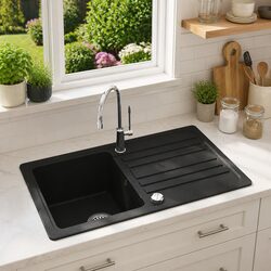 Kitchen Sink Single Basin Black Granite Drainer Reversible Left Right Fitted
