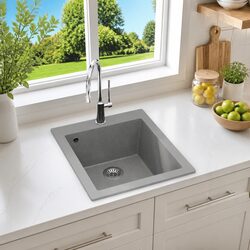 Kitchen Sink Single Basin Overmount Grey Extra Deep Granite Composite Fixture