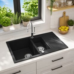 Double Basin Kitchen Sink Black Granite Reversible Two Bowl Undermount Fixture