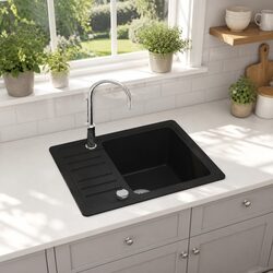 Kitchen Sink Single Basin Black Granite Drainer Reversible Space Saver Durable