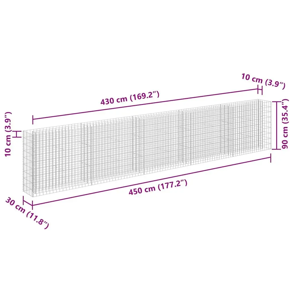 Gabion Raised Bed Silver Galvanised Steel Garden Planter 450x30x90cm Weather Resistant