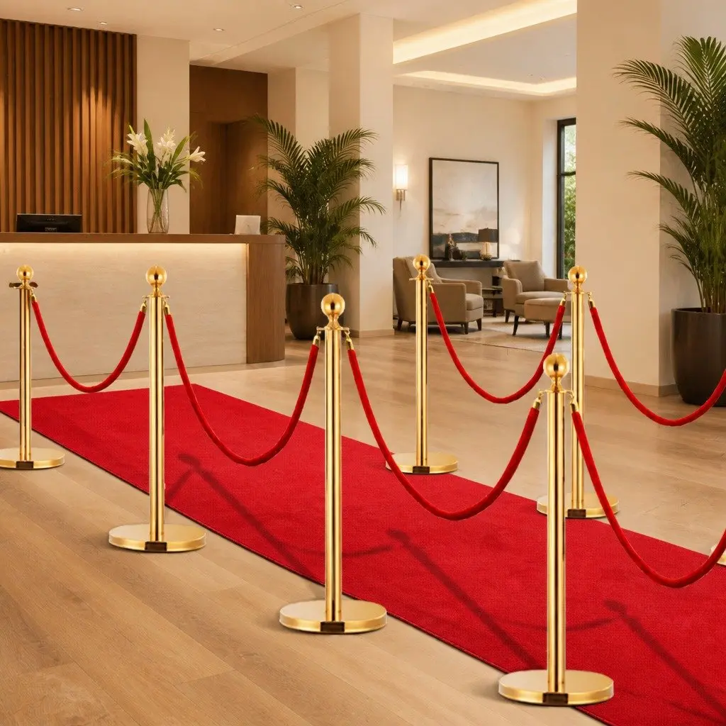 Stanchion Set Gold 3 Piece Stainless Steel VIP Queue Barrier Posts with Velvet Rope for Crowd Control