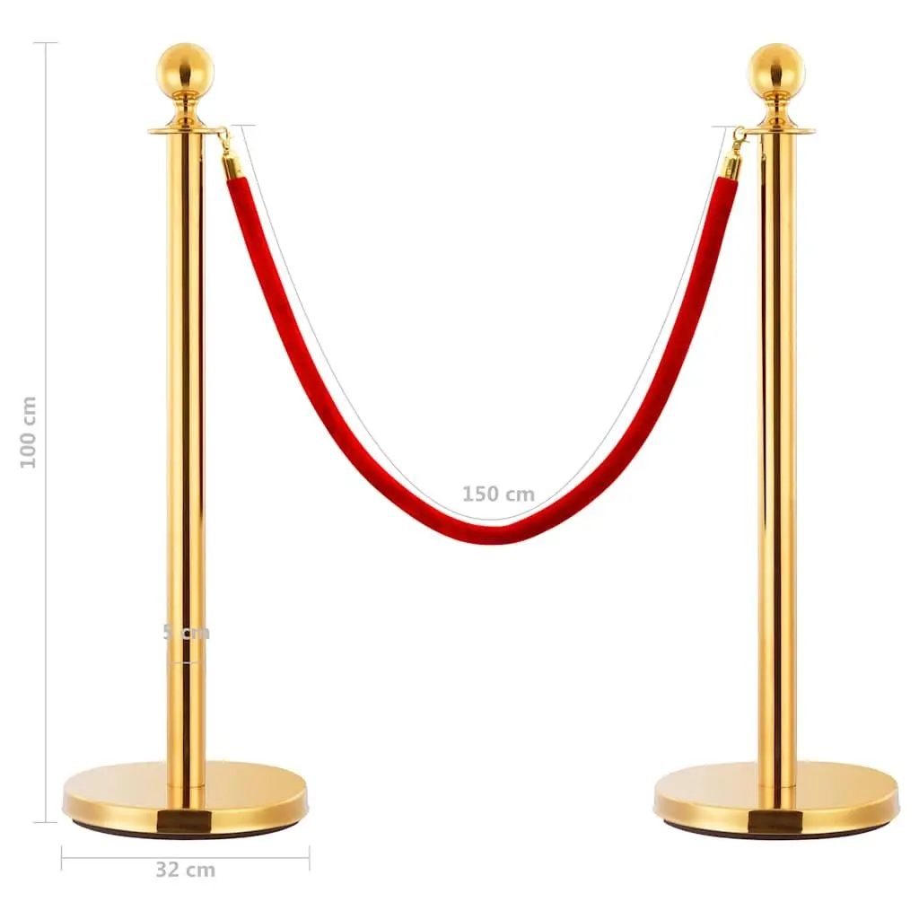 Stanchion Set Gold 3 Piece Stainless Steel VIP Queue Barrier Posts with Velvet Rope for Crowd Control