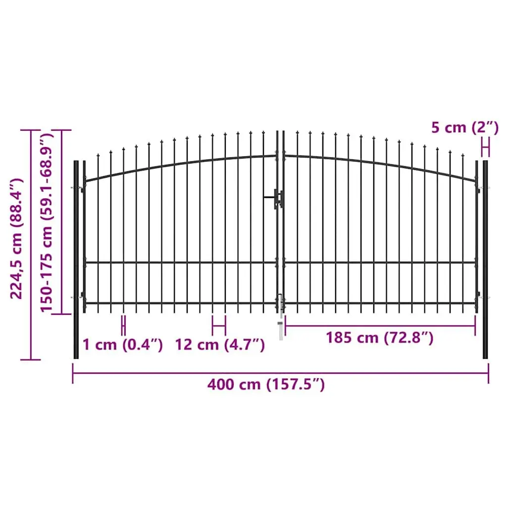 Double Door Fence Gate with Spear Top Black Garden Barrier 400x224.5cm Entry