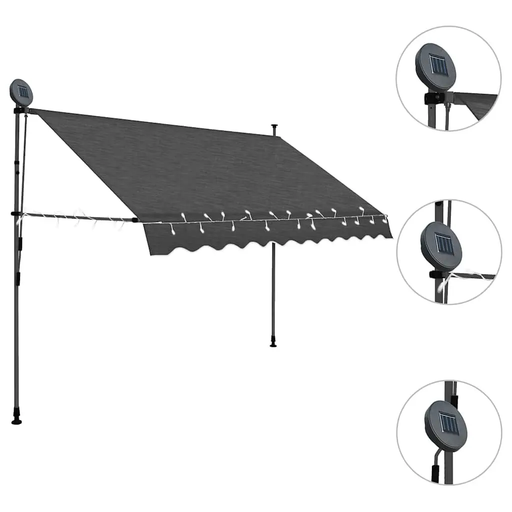 Manual Retractable Awning Anthracite 250cm Solar LED Lights Adjustable Height and Angle