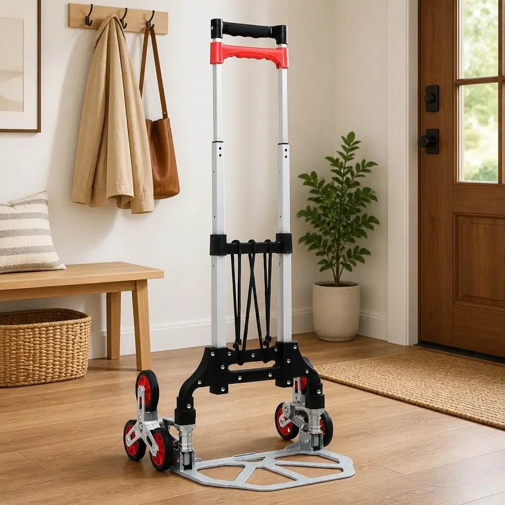Foldable Stair Climbing Cart Black Aluminium 70kg Capacity Portable Three Wheel