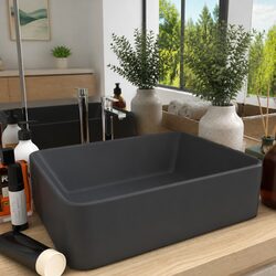 Rectangular Ceramic Wash Basin Matt Grey Bathroom Sink Vessel 41x30x12cm