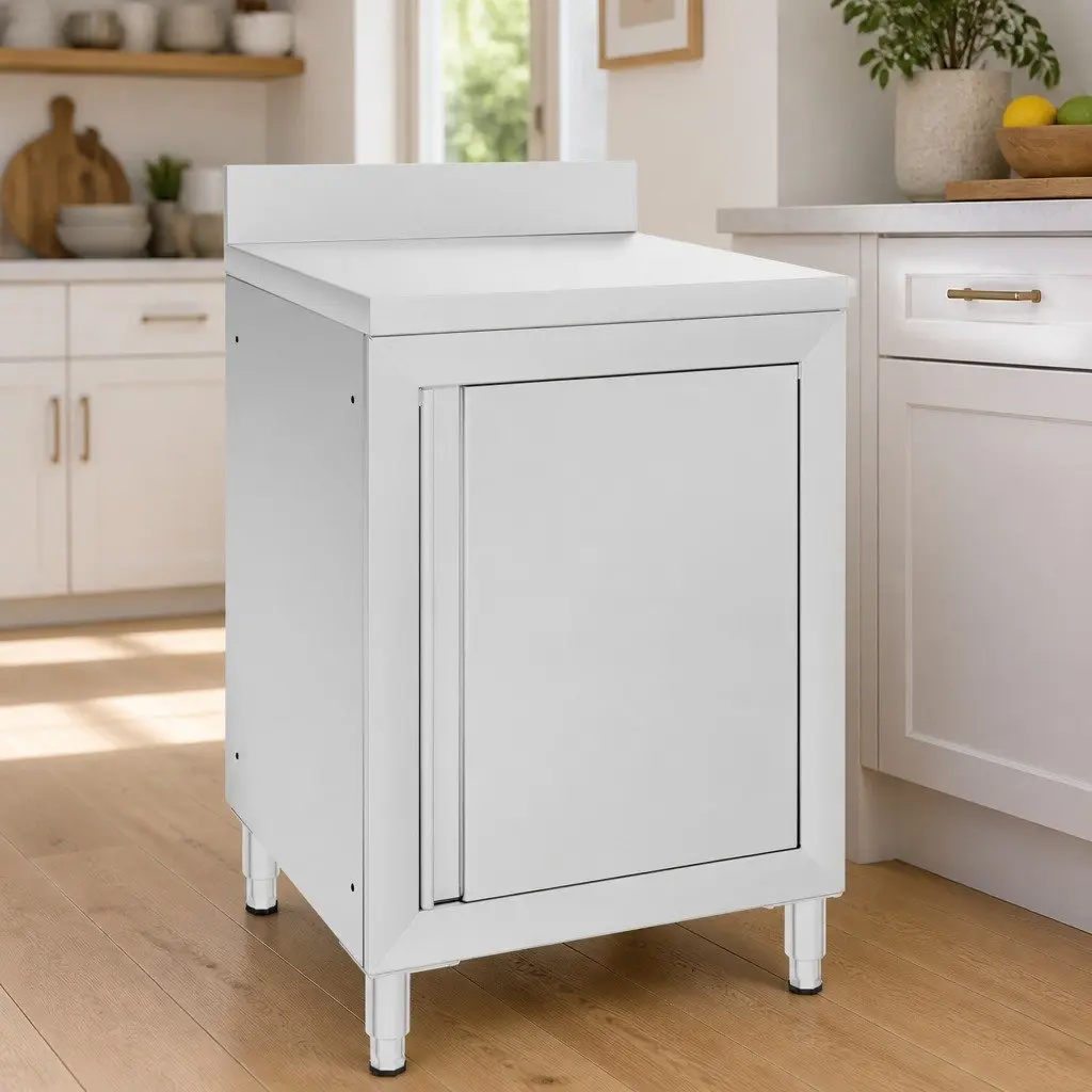 Stainless Steel Work Table with Storage Cabinet 60x60x96cm Adjustable Feet Backsplash