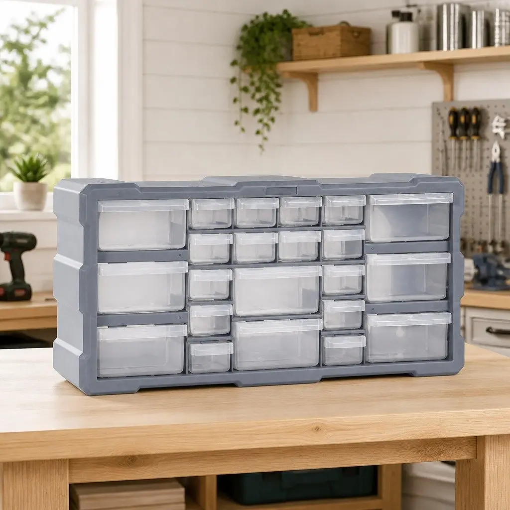 Multi-Drawer Tool Organiser Grey 22 Drawers Impact-Resistant Plastic Storage Box
